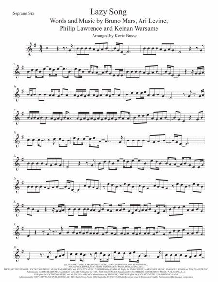 Free Sheet Music The Lazy Song Soprano Sax