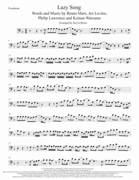 Free Sheet Music The Lazy Song Trombone