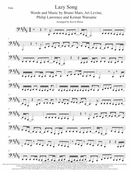 The Lazy Song Tuba Original Key Sheet Music