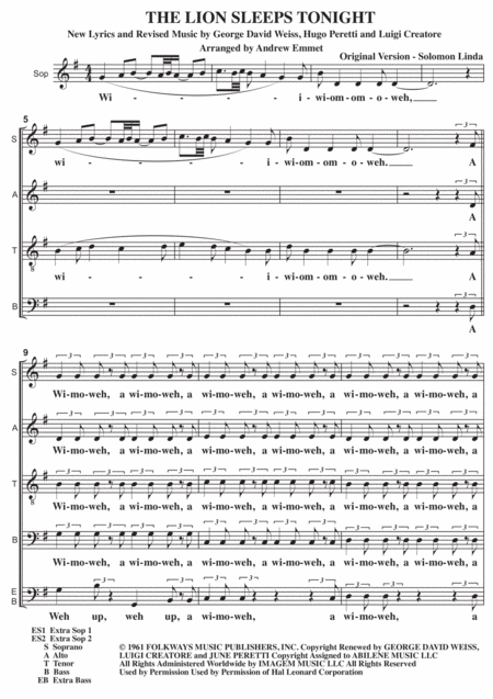 Free Sheet Music The Lion Sleeps Tonight A Cappella