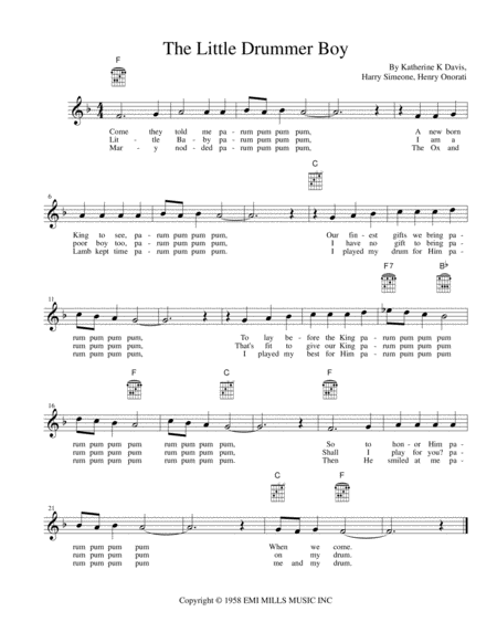 The Little Drummer Boy Lead Sheet In F Major Sheet Music