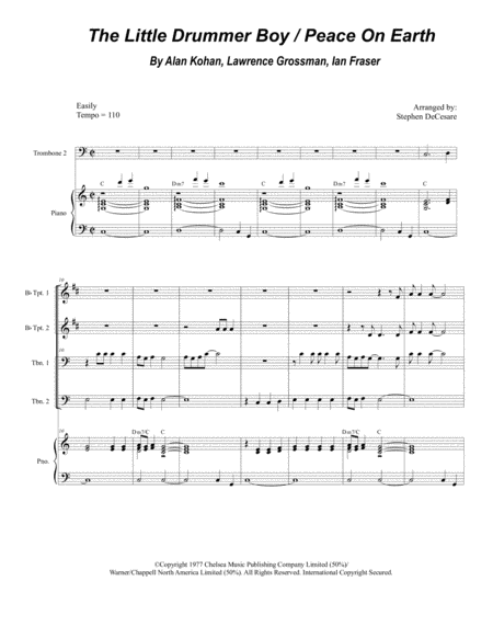 The Little Drummer Boy Peace On Earth For Brass Quartet Piano Alternate Version Sheet Music