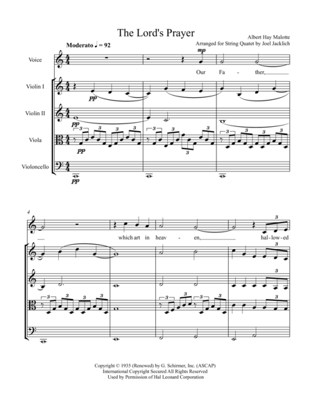 Free Sheet Music The Lords Prayer Voice And String Quartet Key Of C 2016 Arranging Contest Entry