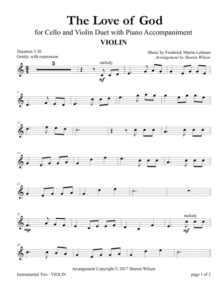 The Love Of God For Cello And Violin Duet With Piano Accompaniment Sheet Music