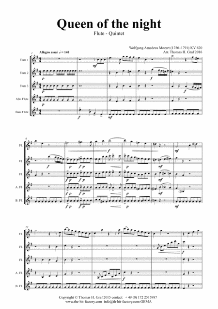 The Magic Flute Mozart Queen Of The Night Flute Quintet Sheet Music