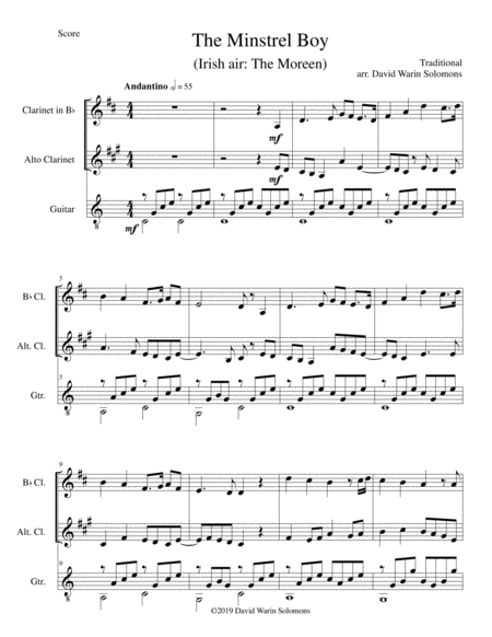 The Minstrel Boy The Moreen For B Flat And Alto Clarinets And Guitar Sheet Music