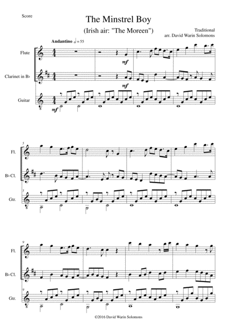 The Minstrel Boy The Moreen For Flute Clarinet And Guitar Sheet Music