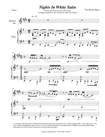 The Moody Blues Nights In White Satin For Baritone Sax Piano Sheet Music