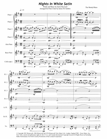 Free Sheet Music The Moody Blues Nights In White Satin For Flute Choir