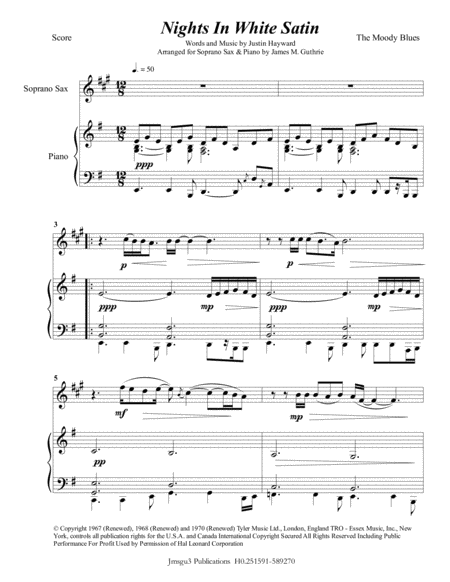 The Moody Blues Nights In White Satin For Soprano Sax Piano Sheet Music