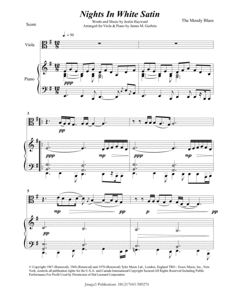 The Moody Blues Nights In White Satin For Viola Piano Sheet Music