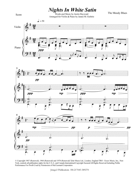 Free Sheet Music The Moody Blues Nights In White Satin For Violin Piano