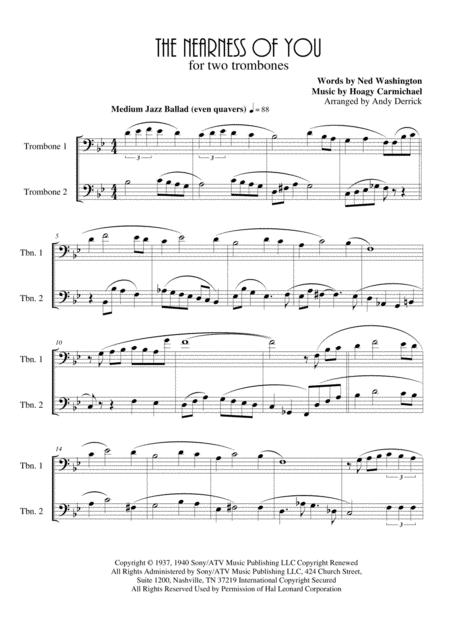 The Nearness Of You For Trombone Duet Sheet Music