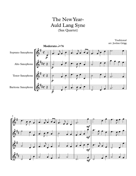 The New Year Auld Lang Syne Sax Quartet Sheet Music