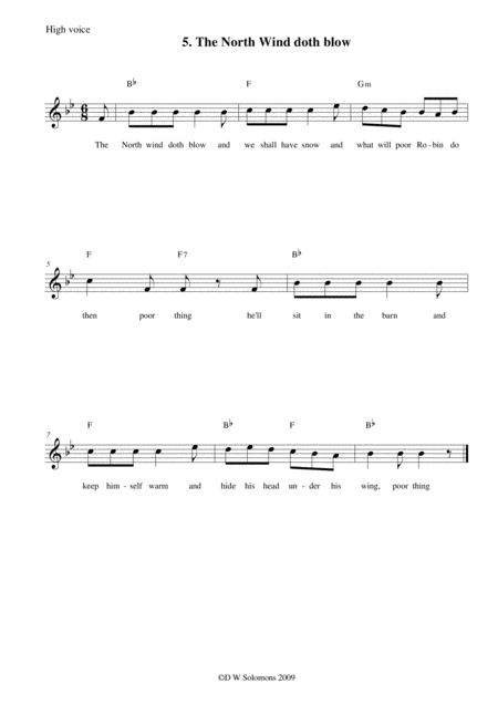 The North Wind Doth Blow Arranged For High Voice Medium Voice Or Low Voice With Guitar Chord Accompaniments Sheet Music