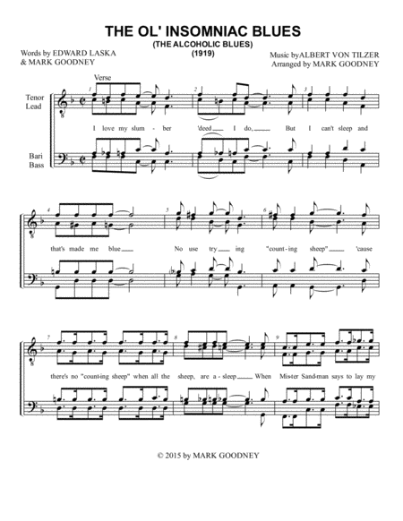 The Ol Insomniac Blues Barbershop Men Ttbb Chorus Quartet Sheet Music