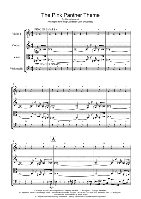 The Pink Panther Theme Tune For String Quartet Score And Parts Sheet Music