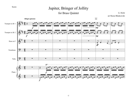 Free Sheet Music The Planets Jupiter For Brass Quintet And Piano