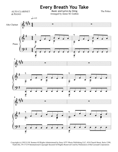 Free Sheet Music The Police Every Breath You Take For Alto Clarinet Piano