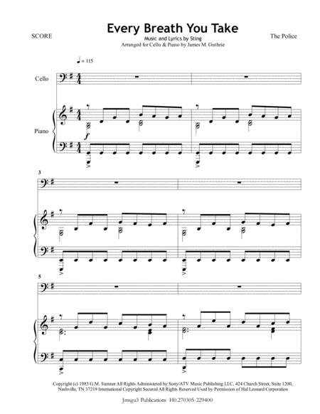 The Police Every Breath You Take For Cello Piano Sheet Music