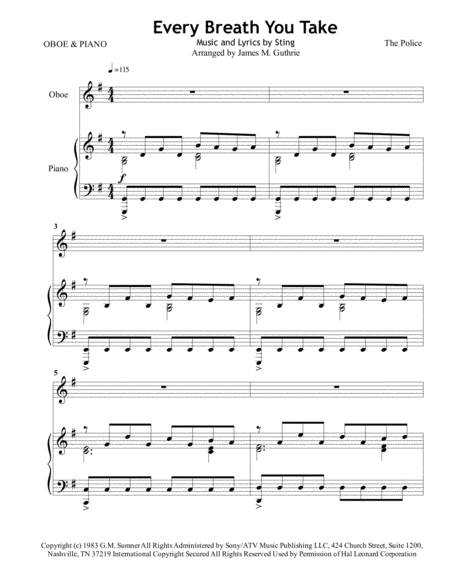 Free Sheet Music The Police Every Breath You Take For Oboe Piano