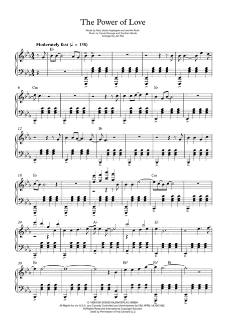 The Power Of Love Intermediate Piano Sheet Music