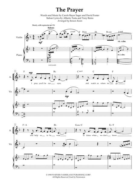 Free Sheet Music The Prayer Arranged For Sab Choir Violin And Piano Based On Celine Dion Andrea Bocellis Version