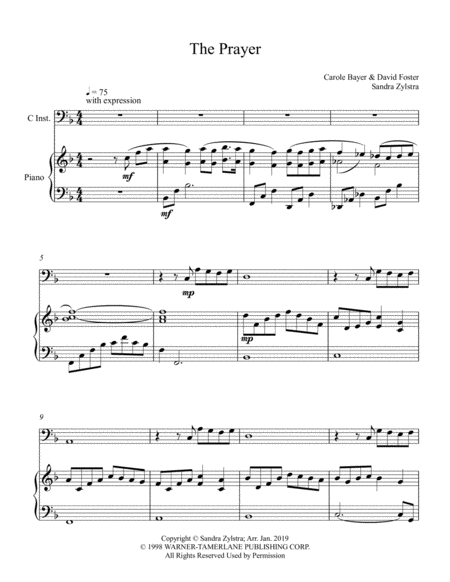 Free Sheet Music The Prayer Bass C Instrument Solo