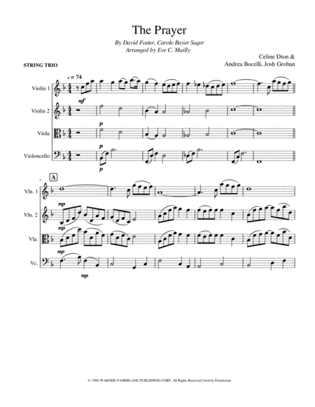 The Prayer Celine Dion Andrea Bocelli Josh Groban String Trio Sheet Music
