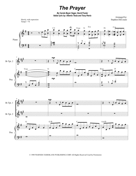 Free Sheet Music The Prayer Duet For Bb Trumpet