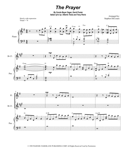 Free Sheet Music The Prayer Duet For Flute And Bb Clarinet