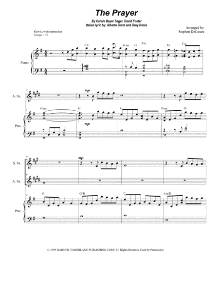 Free Sheet Music The Prayer Duet For Soprano And Alto Saxophone