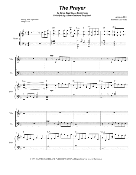 Free Sheet Music The Prayer Duet For Violin And Cello
