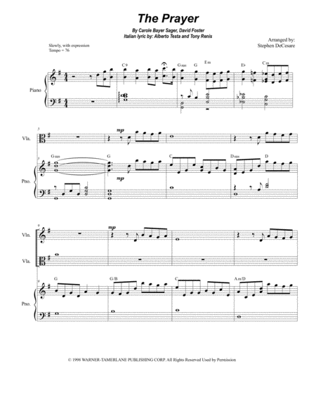 Free Sheet Music The Prayer Duet For Violin And Viola