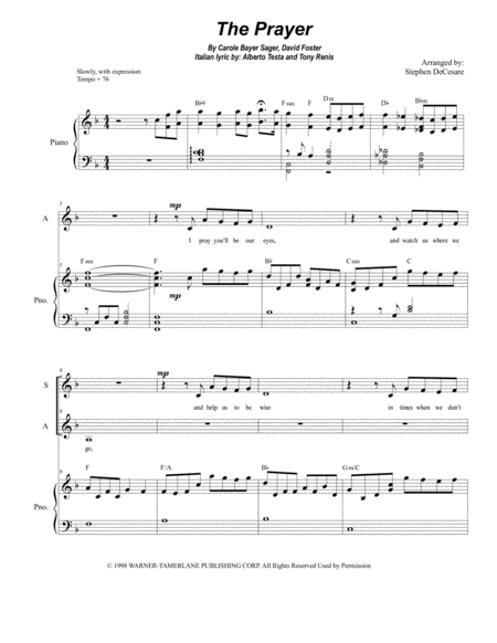 The Prayer For 2 Part Choir Sa Sheet Music