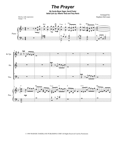 Free Sheet Music The Prayer For Brass Trio And Piano