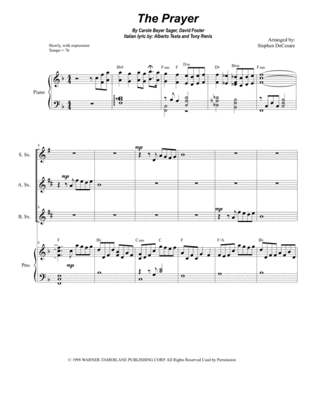 Free Sheet Music The Prayer For Saxophone Quartet And Piano