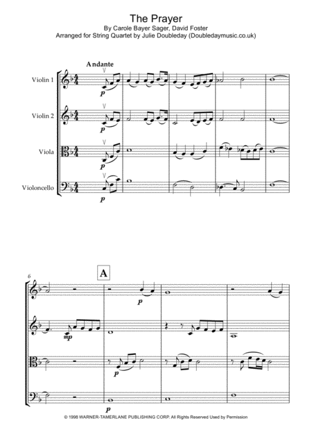 The Prayer For String Quartet Score And Parts Sheet Music