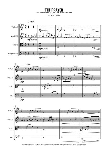 Free Sheet Music The Prayer For String Quartet