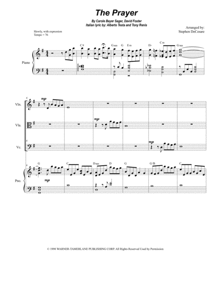 Free Sheet Music The Prayer For String Trio And Piano