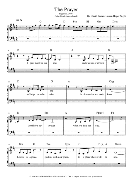 Free Sheet Music The Prayer Melody And Chords In D