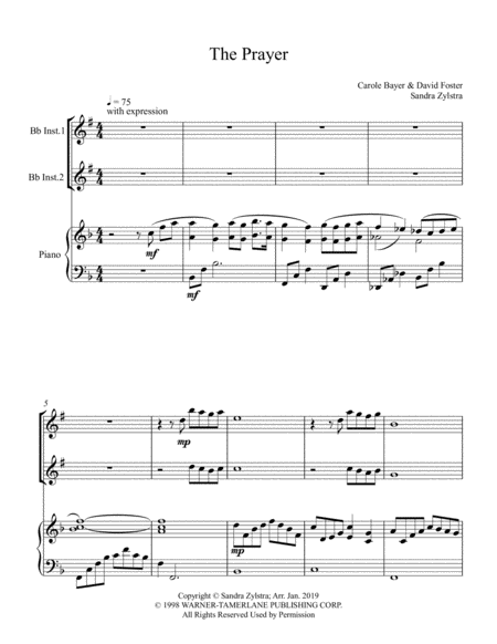 The Prayer Treble Bb Instrument Duet Sheet Music