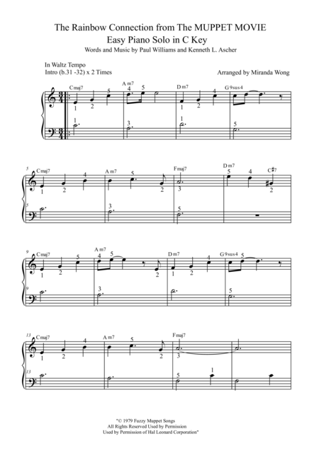 The Rainbow Connection Easy Piano Solo In C Key With Fingerings Sheet Music