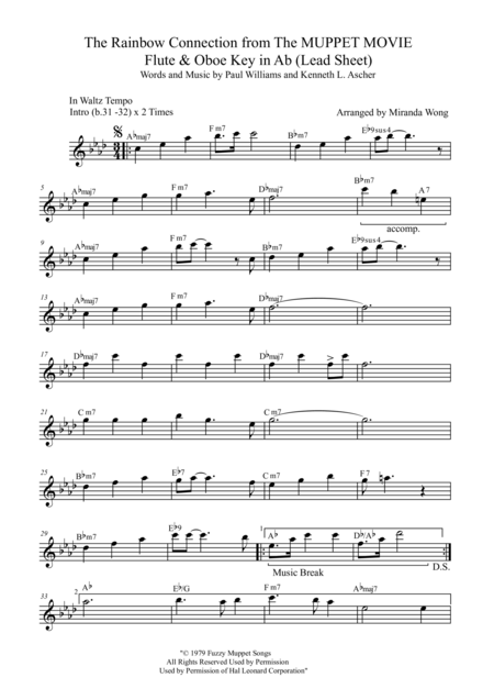 The Rainbow Connection Lead Sheet In Ab Flute Oboe Solo Sheet Music