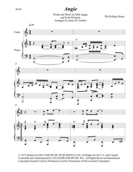 Free Sheet Music The Rolling Stones Angie For Violin Piano