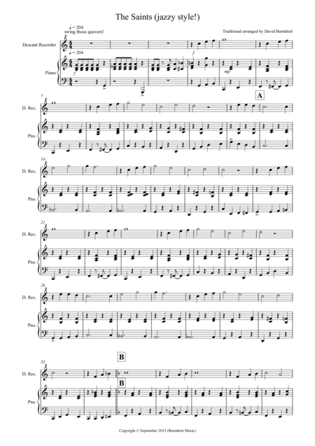 The Saints Jazzy Style For Descant Recorder And Piano Sheet Music