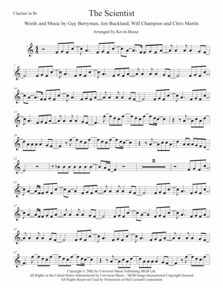 Free Sheet Music The Scientist Easy Key Of C Clarinet