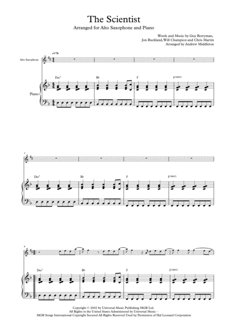 The Scientist For Alto Saxophone And Piano Sheet Music