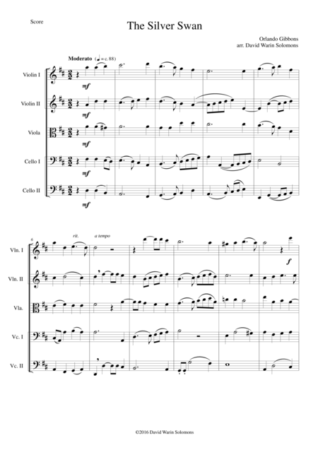 The Silver Swan For String Quintet Sheet Music