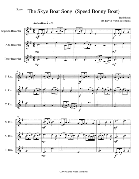 Free Sheet Music The Skye Boat Song Speed Bonny Boat For Recorder Trio Soprano Alto Tenor